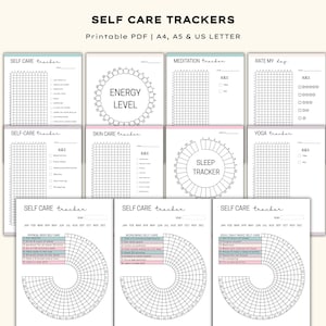 May include: A collection of printable self-care trackers in PDF format. The trackers include sections for energy levels, sleep, meditation, and daily habits. The pages are white with pastel accents and feature text such as "Self Care Trackers" and "Energy Level".