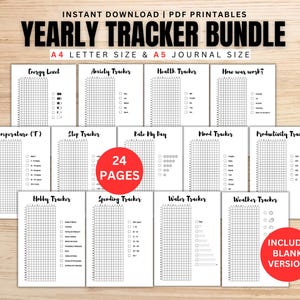 May include: A collection of printable yearly trackers, including energy, anxiety, and health trackers. The bundle includes 24 pages in A4 letter and A5 journal sizes. The image also includes a blank version of the trackers.