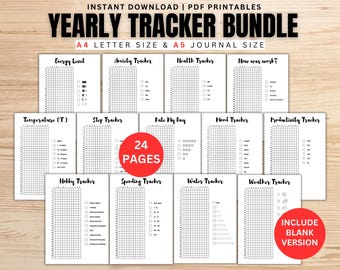 Yearly Trackers Bundle, Journal Printable Pages, Year in Pixels, Digital Planner pages, Health, Weather, Water tracker, Bullet journal A4 A5