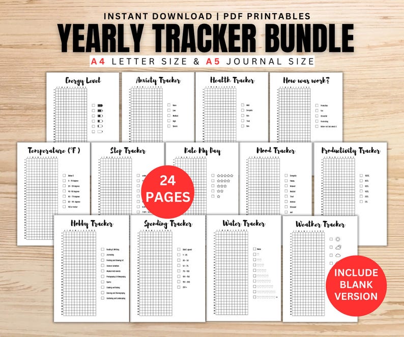 Yearly Trackers Bundle, Journal Printable Pages, Year in Pixels ...