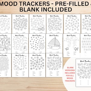 May include: A selection of black and white mood tracker pages featuring illustrations of items like umbrellas, fruit, and flowers. The text "MOOD TRACKERS - PRE-FILLED & BLANK INCLUDED" is at the top. The pages are designed for tracking moods.