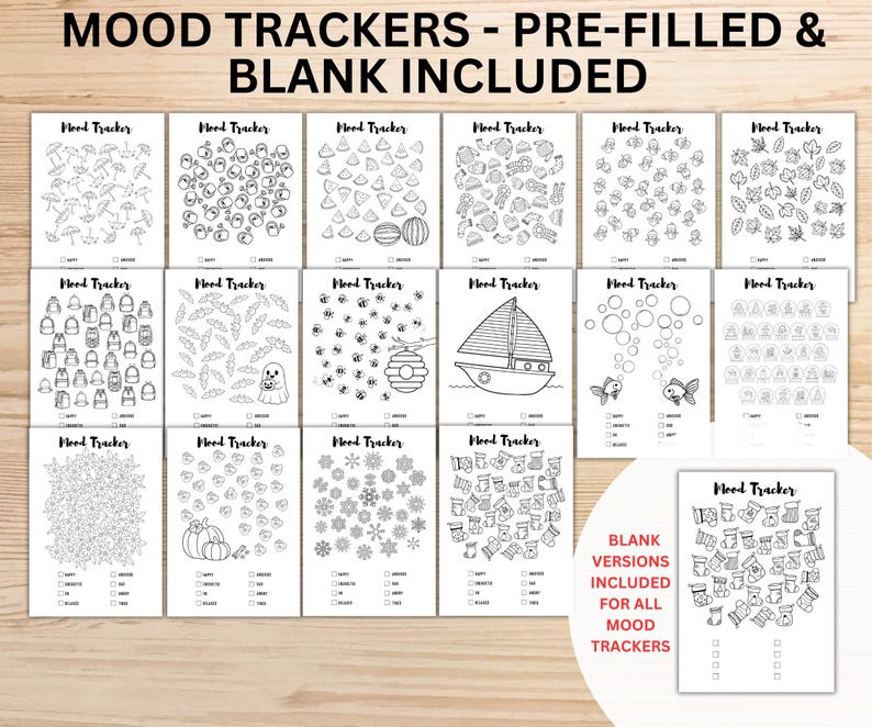 May include: A selection of black and white mood tracker pages featuring illustrations of items like umbrellas, fruit, and flowers. The text "MOOD TRACKERS - PRE-FILLED & BLANK INCLUDED" is at the top. The pages are designed for tracking moods.