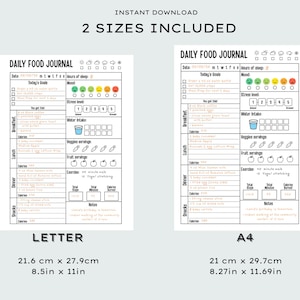 May include: A printable daily food journal in two sizes, Letter (8.5 x 11 inches) and A4 (8.27 x 11.69 inches). The journal includes sections for goals, mood, stress level, water intake, and food tracking for breakfast, lunch, dinner, and snacks.