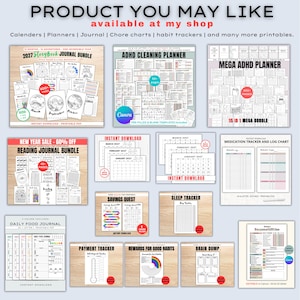 May include: A collection of digital printable planners and journals including a 2027 storybook journal, ADHD cleaning planner, mega ADHD planner, reading journal, medication tracker, savings quest, sleep tracker, and daily food journal.