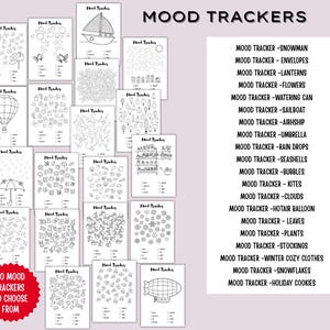 May include: A collection of 20 mood tracker printable pages with various themes, including a snowman, flowers, and snowflakes. The pages are black and white and feature illustrations and spaces for tracking moods. The text "MOOD TRACKERS" is at the top.