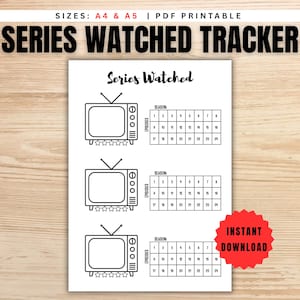 以下が含まれることがあります： 「SERIES WATCHED TRACKER」の文字が上部に書かれた、白黒印刷可能なシリーズ視聴トラッカー。エピソードを追跡するためのスペースがある3つのテレビのイラストが含まれています。「INSTANT DOWNLOAD」の文字が赤い星に書かれています。