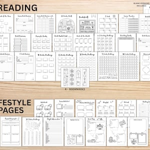 May include: A selection of printable planner pages, labelled "Reading" and "Lifestyle Pages." The pages feature book reviews, reading challenges, and travel planning templates. The image also includes 4 bookmarks.
