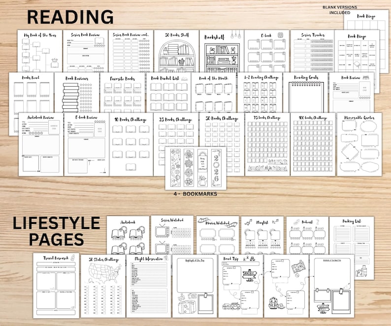 May include: A selection of printable planner pages, labelled "Reading" and "Lifestyle Pages." The pages feature book reviews, reading challenges, and travel planning templates. The image also includes 4 bookmarks.