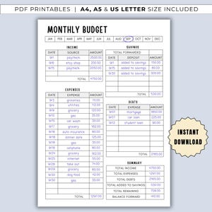 May include: A printable monthly budget planner with sections for income, expenses, savings, and debts. The document includes the text "PDF PRINTABLES" and "INSTANT DOWNLOAD". The budget template is designed for A4, A5, and US Letter sizes.