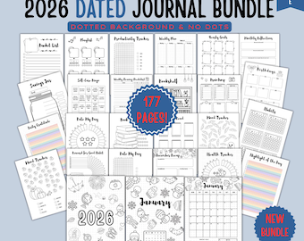2026 Bullet Journal Bundle E: Printable Pages with Dated Calendars, Habit Trackers, Planners, Mood Trackers, Self-Care, Reading | A4 A5