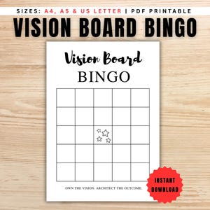 May include: A white printable "Vision Board Bingo" game sheet with a grid of squares and the text "Vision Board Bingo". The sheet includes the text "Own the vision. Architect the outcome." and a red "Instant Download" sticker.