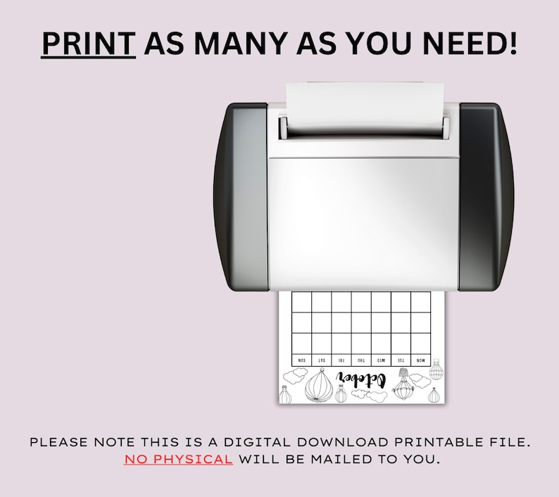 May include: A printer printing a black and white October calendar page. The text at the top says "PRINT AS MANY AS YOU NEED!" and the text at the bottom says "PLEASE NOTE THIS IS A DIGITAL DOWNLOAD PRINTABLE FILE. NO PHYSICAL WILL BE MAILD TO YOU."