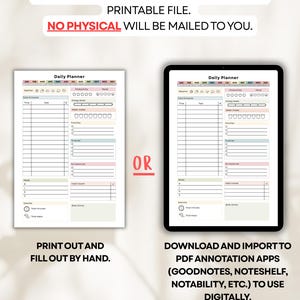 May include: A digital daily planner displayed on paper and a tablet. The planner includes sections for tasks, priorities, and mood tracking. Text at the top reads "PLEASE NOTE THIS IS A DIGITAL DOWNLOAD PRINTABLE FILE. NO PHYSICAL WILL BE MAILED TO YOU."