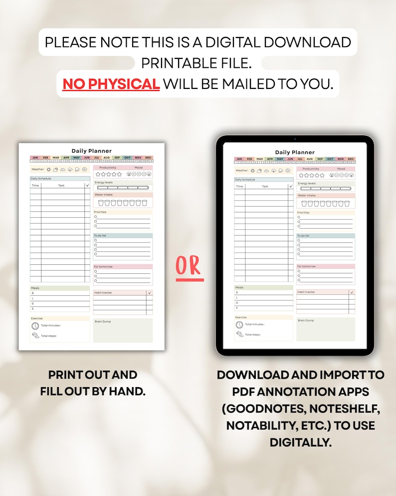 May include: A digital daily planner displayed on paper and a tablet. The planner includes sections for tasks, priorities, and mood tracking. Text at the top reads "PLEASE NOTE THIS IS A DIGITAL DOWNLOAD PRINTABLE FILE. NO PHYSICAL WILL BE MAILED TO YOU."