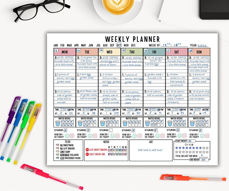May include: A white weekly planner with a detailed meal plan for each day of the week, including water intake and vitamin tracking. Colorful pens and a cup of coffee are on the table. The planner includes the year 2025.