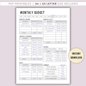 May include: A printable monthly budget planner with sections for income, expenses, bills, savings, and debts. The document includes a table format with columns for source, budget, and actual amounts. The text "Instant Download" is also visible.