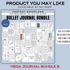 May include: A digital bullet journal bundle with over 250 pages of printable PDF templates. Includes mood trackers, habit trackers, and more. The text reads "Product You May Like" and "Mega Journal Bundle B".