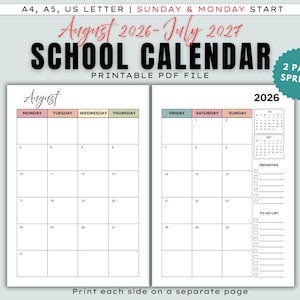 May include: Printable PDF school calendar for August 2026-July 2027. The calendar features a two-page spread with a monthly view, including space for priorities and a to-do list. The calendar is designed to be printed on US Letter, A4, or A5 paper.