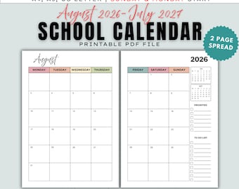 Printable 2026-2027 Student Planner, Monthly Spread on 2 Pages, Dated Academic Year Planner, Sunday and Monday Start, A4/A5/Letter, Colored