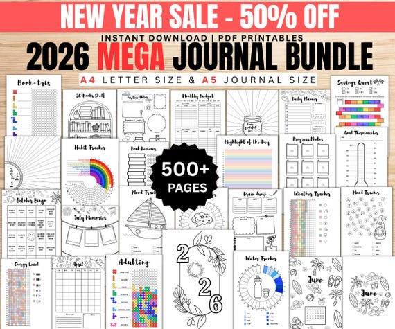 2026 MEGA Journal bundle, Printable Journal Planner, Bullet Journal monthly yearly trackers, Mood, Habit, Reading, A4 & A5, Digital Download