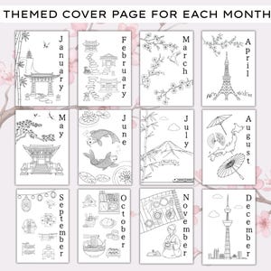 Op de afbeelding: Een set van twaalf zwart-wit kleurplaten met de titel THEMED COVER PAGE FOR EACH MONTH, met illustraties voor januari tot en met december, waaronder bezienswaardigheden, natuur, eten en diverse culturele iconen en symbolen.