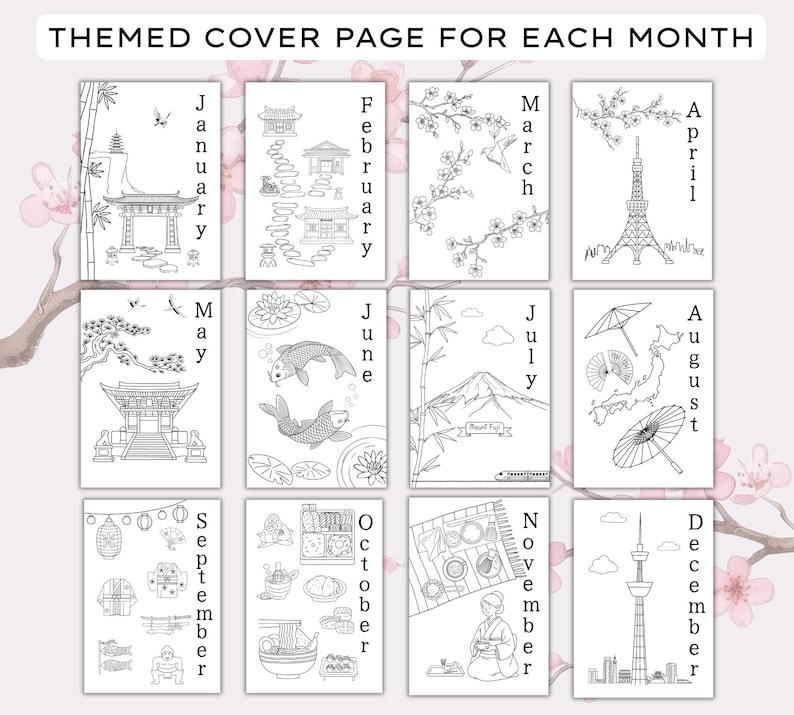 Op de afbeelding: Een set van twaalf zwart-wit kleurplaten met de titel THEMED COVER PAGE FOR EACH MONTH, met illustraties voor januari tot en met december, waaronder bezienswaardigheden, natuur, eten en diverse culturele iconen en symbolen.