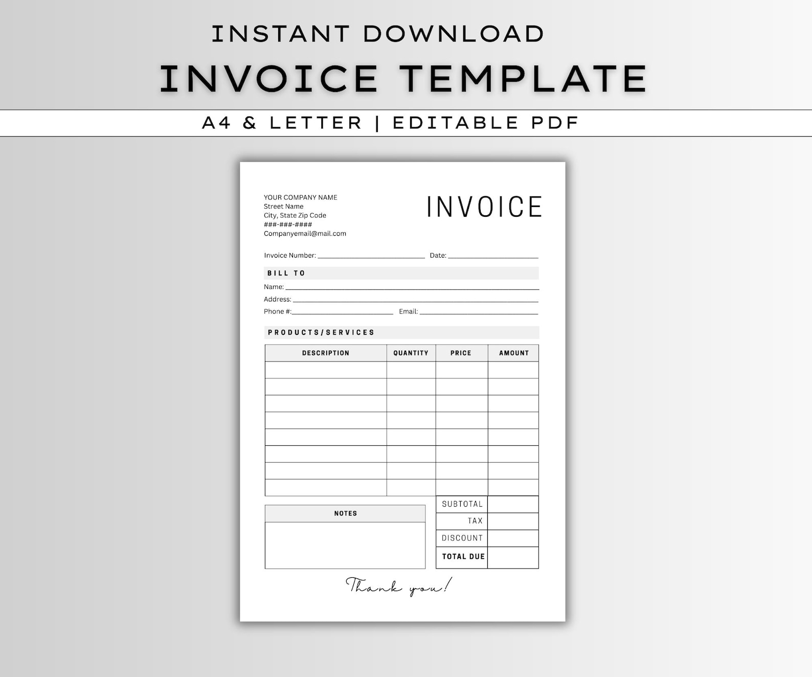 Editable Invoice Template PDF: Printable Business Form (A4 & Letter ...