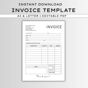 Może przedstawiać: Biały szablon faktury z napisem "INVOICE TEMPLATE" na górze. Szablon zawiera pola na informacje o firmie, dane do faktury oraz sekcję na produkty lub usługi. Tekst "Thank you!" znajduje się na dole.