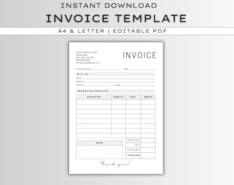 May include: A white invoice template with the words "INVOICE TEMPLATE" at the top. The template includes fields for company information, bill-to details, and a section for products or services. The text "Thank you!" is at the bottom.