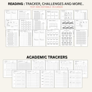 May include: A collection of printable reading and academic tracker templates on white paper. The reading section includes logs for books, movies, and audiobooks. The academic section features planners for homework, grades, attendance, and budgets.