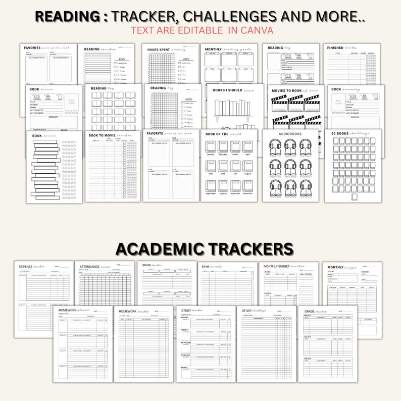 May include: A collection of printable reading and academic tracker templates on white paper. The reading section includes logs for books, movies, and audiobooks. The academic section features planners for homework, grades, attendance, and budgets.
