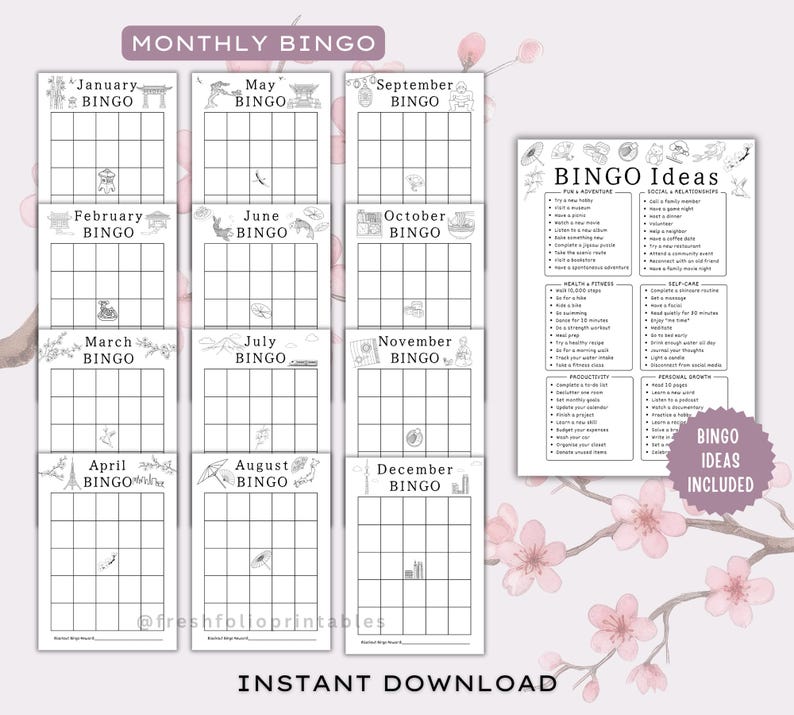 Op de afbeelding: Een set van twaalf maandelijkse bingokaarten en &eacute;&eacute;n blad met bingo-idee&euml;n, elk voorzien van een rasterindeling met zwarte tekst en lijntekeningen. De kaarten zijn gelabeld van januari tot december en het blad bevat diverse activiteiten.