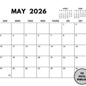 Peut inclure: Calendrier noir et blanc de mai 2026, avec le mois et l'année en haut. Inclut des calendriers plus petits pour avril et juin. Le texte "PDF DIGITAL DOWNLOAD" est dans un badge circulaire.