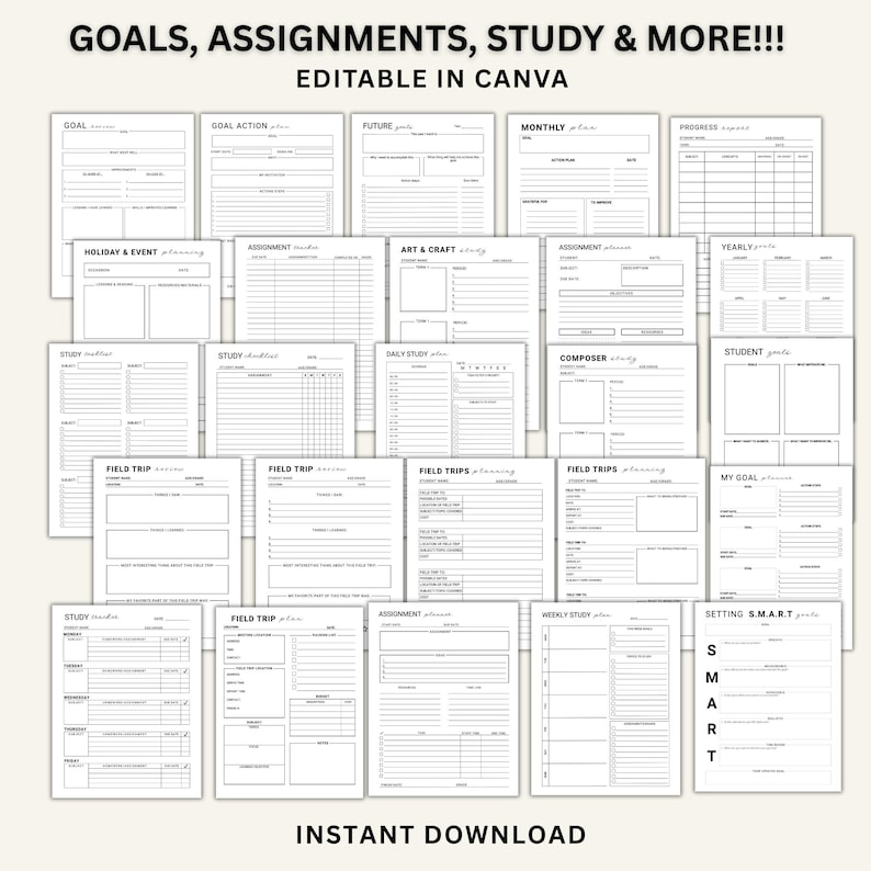 May include: A collection of black and white printable planner pages featuring headers like GOALS, ASSIGNMENTS, STUDY & MORE!!!, EDITABLE IN CANVA, and INSTANT DOWNLOAD. The sheets include various templates for goal tracking, assignment logs, study schedules, and field trip planning.