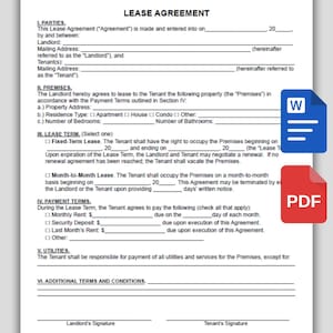 Editable Rental Agreement Template - Printable Lease Contract, Residential Housing Agreement, Lease Agreement Template, Word PDF US letter