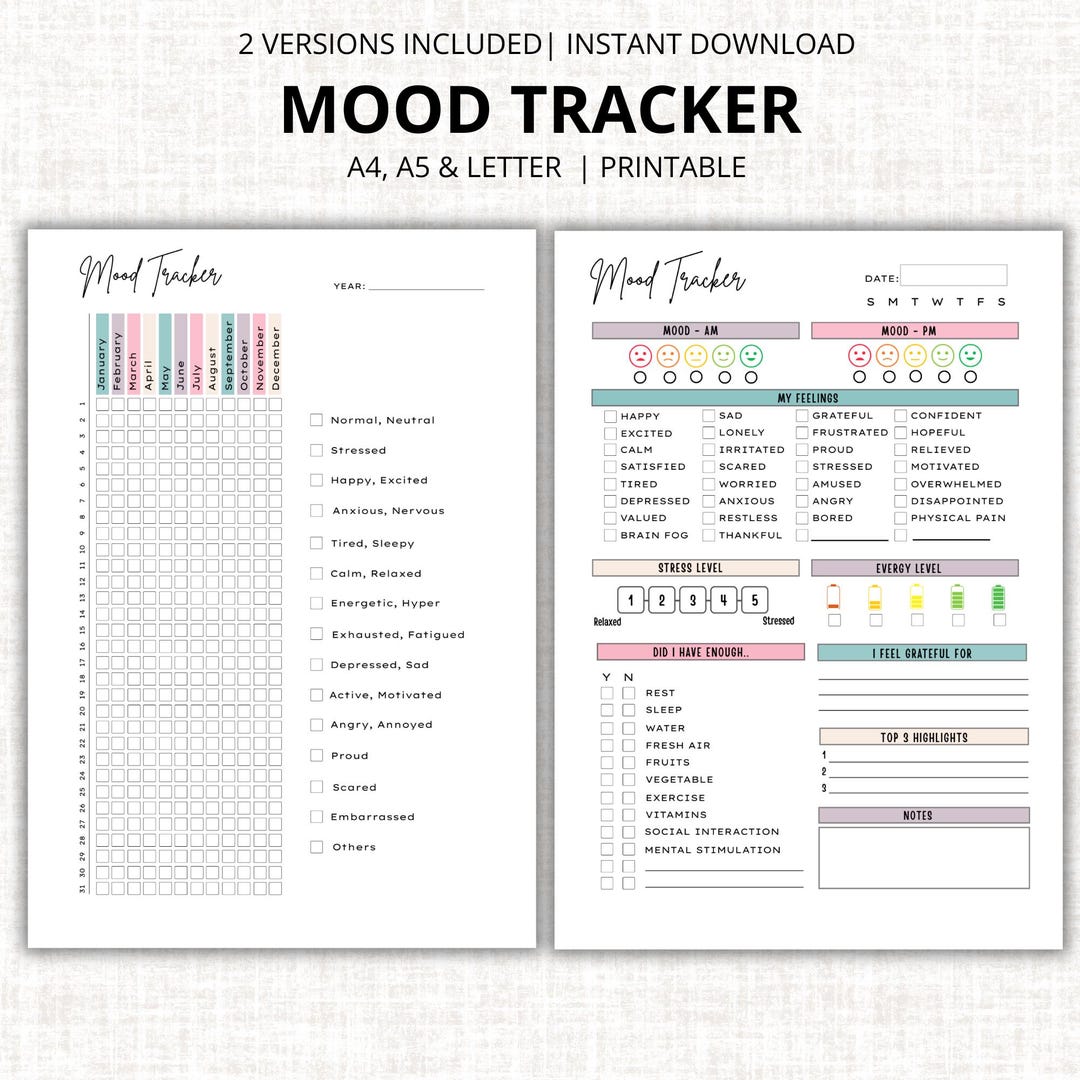 Printable Daily Mood Tracker: Colorful Mental Health Journal (PDF ...