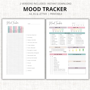 Op de afbeelding: Printbare mood tracker in A4, A5 en Letter formaten, met twee versies. Het ontwerp bevat secties voor dagelijkse stemming, gevoelens, stressniveaus en gewoonten. Maakt gebruik van een kleurgecodeerd systeem voor het volgen van emoties en welzijn.
