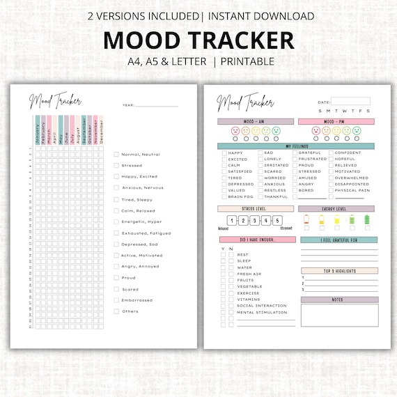 Printable Daily Mood Tracker: Colorful Mental Health Journal (PDF Download A4/A5/Letter Size)