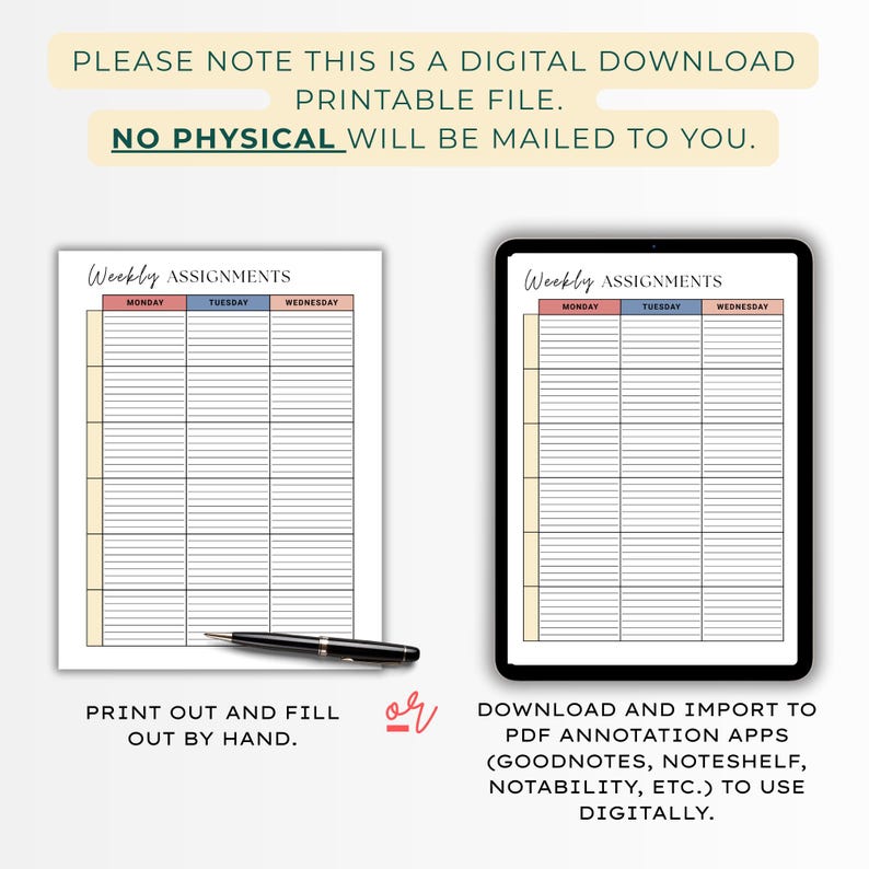 Pen Assignment Table Printable Assignment Tracker, Two Pages, 7 Subjects, Homework Planner ...