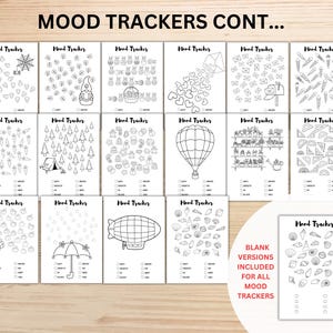 May include: A set of black and white mood tracker pages featuring diverse designs such as a spiderweb, gnomes, and a hot air balloon. Each page is labelled "Mood Tracker". Blank versions are included for all mood trackers.