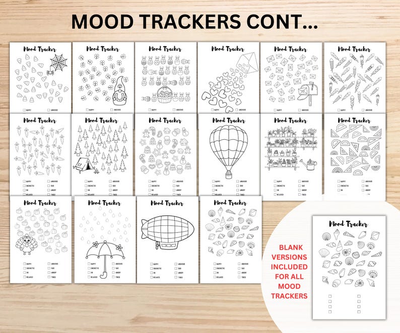 May include: A set of black and white mood tracker pages featuring diverse designs such as a spiderweb, gnomes, and a hot air balloon. Each page is labelled "Mood Tracker". Blank versions are included for all mood trackers.