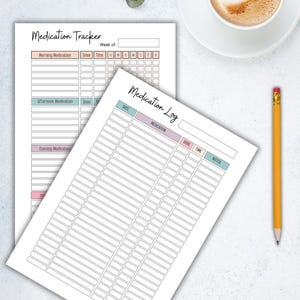 May include: A printable medication tracker and log. The tracker has sections for morning, afternoon, and evening medication with columns for dose and time. The log has columns for date, medication, dose, time, and notes.