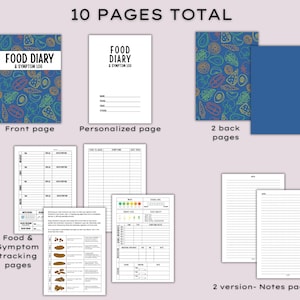 May include: A food diary and symptom log with 10 pages total. The front cover is blue with a colorful fruit and vegetable pattern. The diary includes a personalized page, symptom tracking pages, and a notes section.