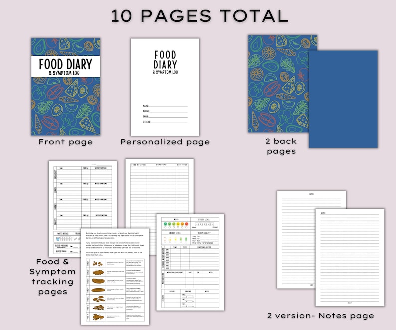 May include: A food diary and symptom log with 10 pages total. The front cover is blue with a colorful fruit and vegetable pattern. The diary includes a personalized page, symptom tracking pages, and a notes section.