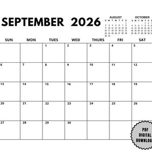 Afdrukbare kalender september 2026, minimalistische maandplanner, digitale download, gedateerd zondag + maandag, start liggend A4 US Letter pdf