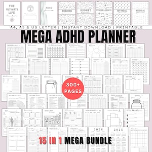 ADHD-plannerbundel: Mega Life Organizer - Financiën, Lezen, Zelfzorg, Gezondheid en fitness, Plannerpagina's, A4/A5/US Letter, Digitale download