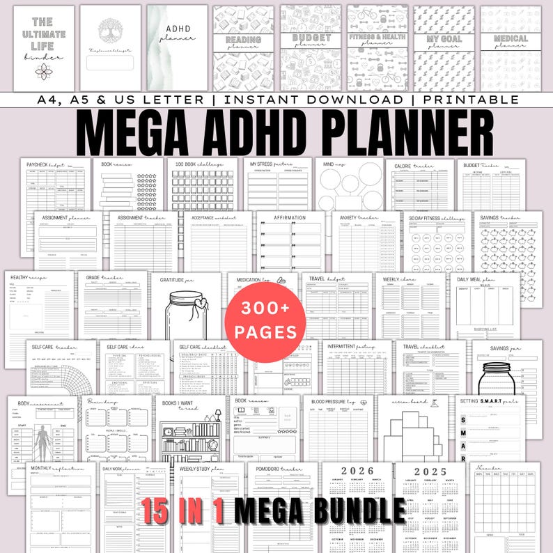 Mega ADHD Planner Bundle - 15-in-1 Ultimate Life Binder, A4/A5/US ...