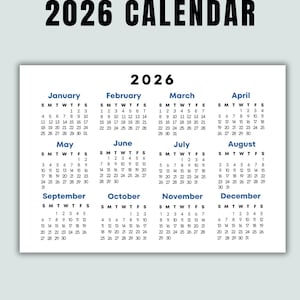 2026 Calendar Printable- Single page, Full year calendar, Year at a Glance, Desk calendar, Wall calendar, 2026 Calendar poster, 2026 planner