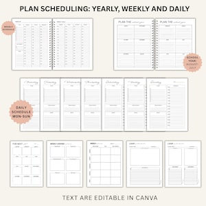 May include: A collection of printable planner pages featuring black text on white backgrounds. Includes weekly schedules, yearly school year calendars from August to July, daily task lists for Monday through Sunday, lesson plans, and loop schedules.