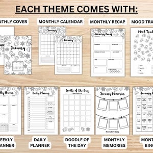 May include: A selection of black and white printable planner pages. The pages include a monthly cover, calendar, recap, mood tracker, weekly planner, daily planner, doodle of the day, monthly memories, and bingo. The theme is January.